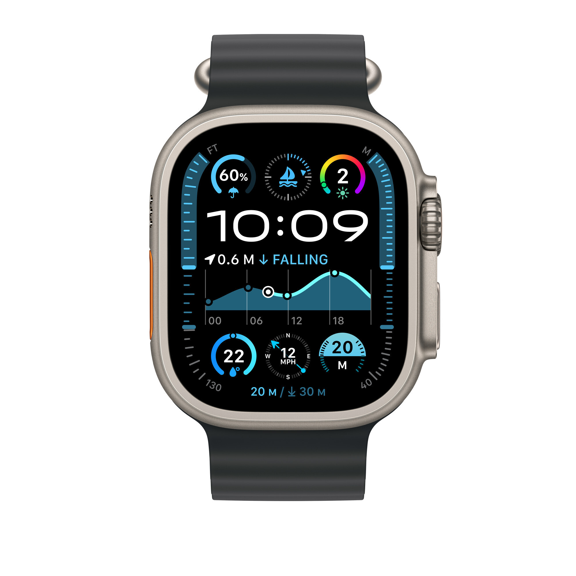 Apple Watch 49 mm musta Ocean-ranneke, luonnontitaani