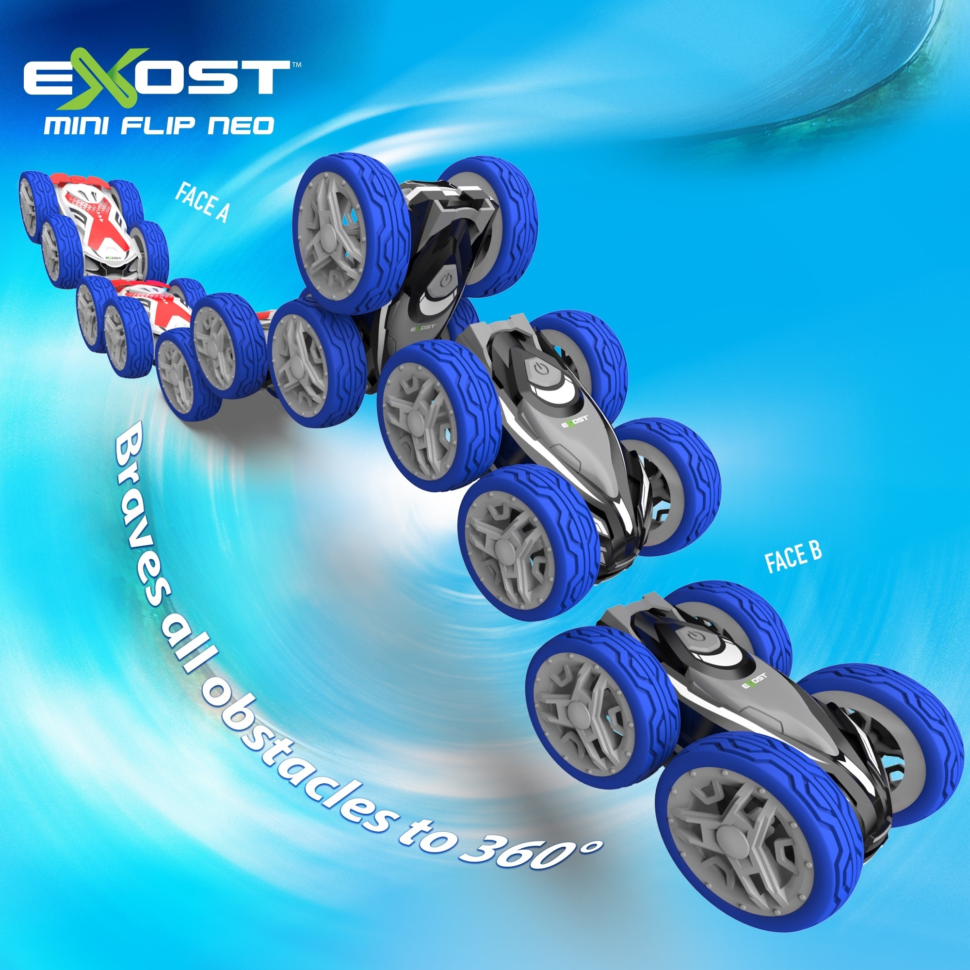 Exost Mini Flip Neo - kauko-ohjattava temppuauto, sininen