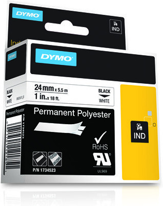 Dymo Rhino Industrial -pysyvä polyesteriteippi 24 mm x 5,5 m, musta valkoisella pohjalla