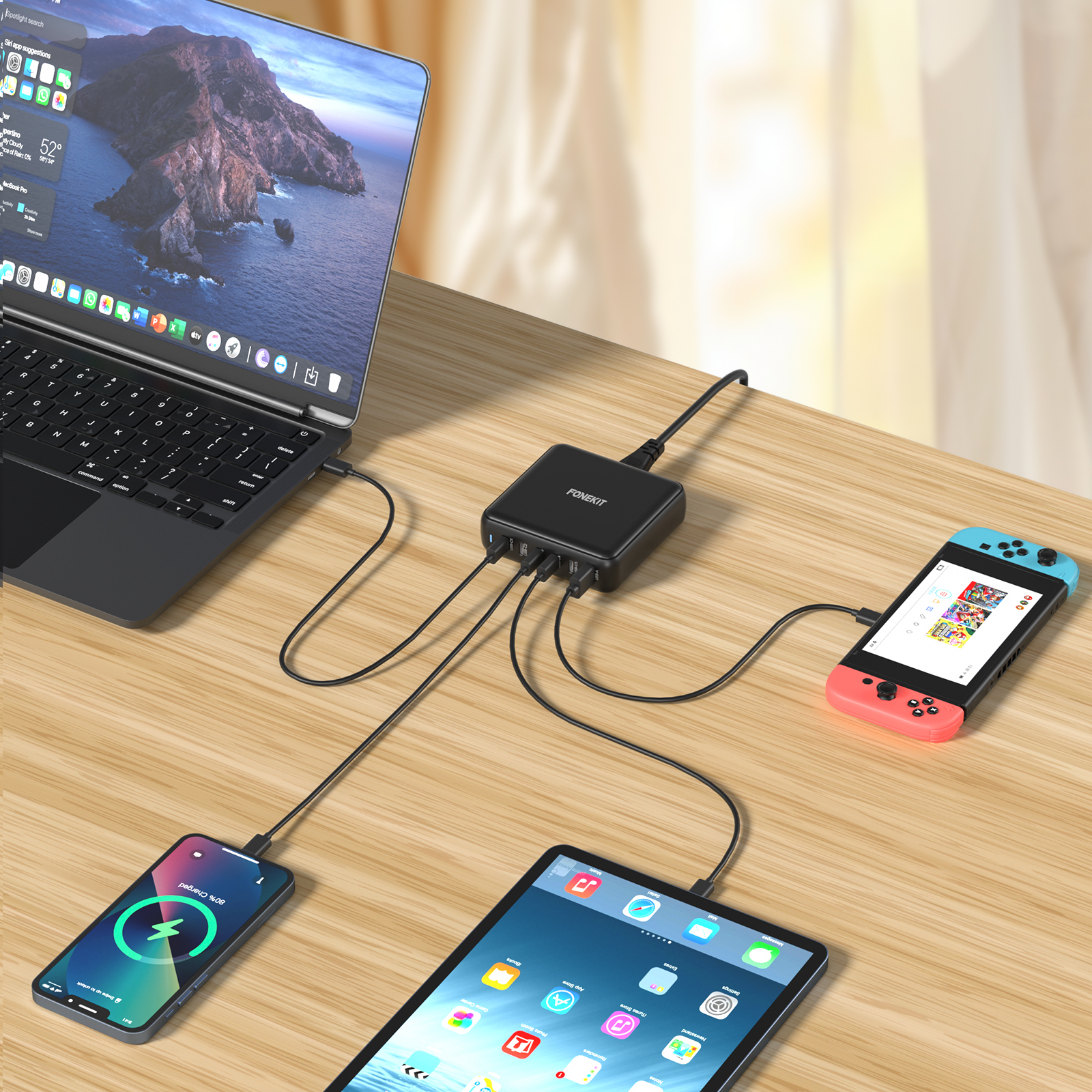 FoneKit GaN PD 200W -verkkovirtalaturi, USB-A + 5 x USB-C, musta