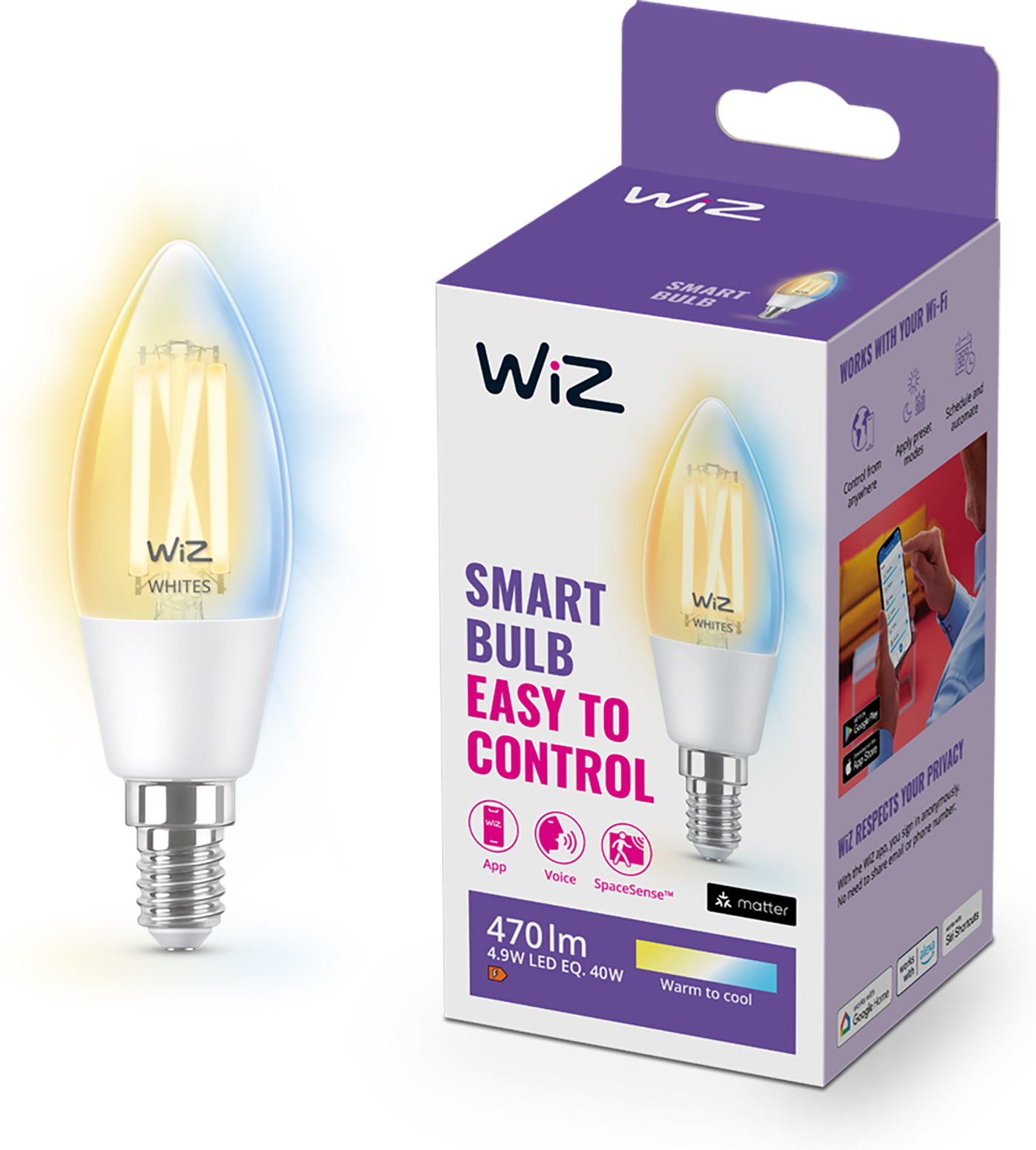 WiZ älylamppu, E27, kirkas lasi, tunable white - valkoisen valon sävyt, Wi-Fi, 2700-6500 K, 806 lm