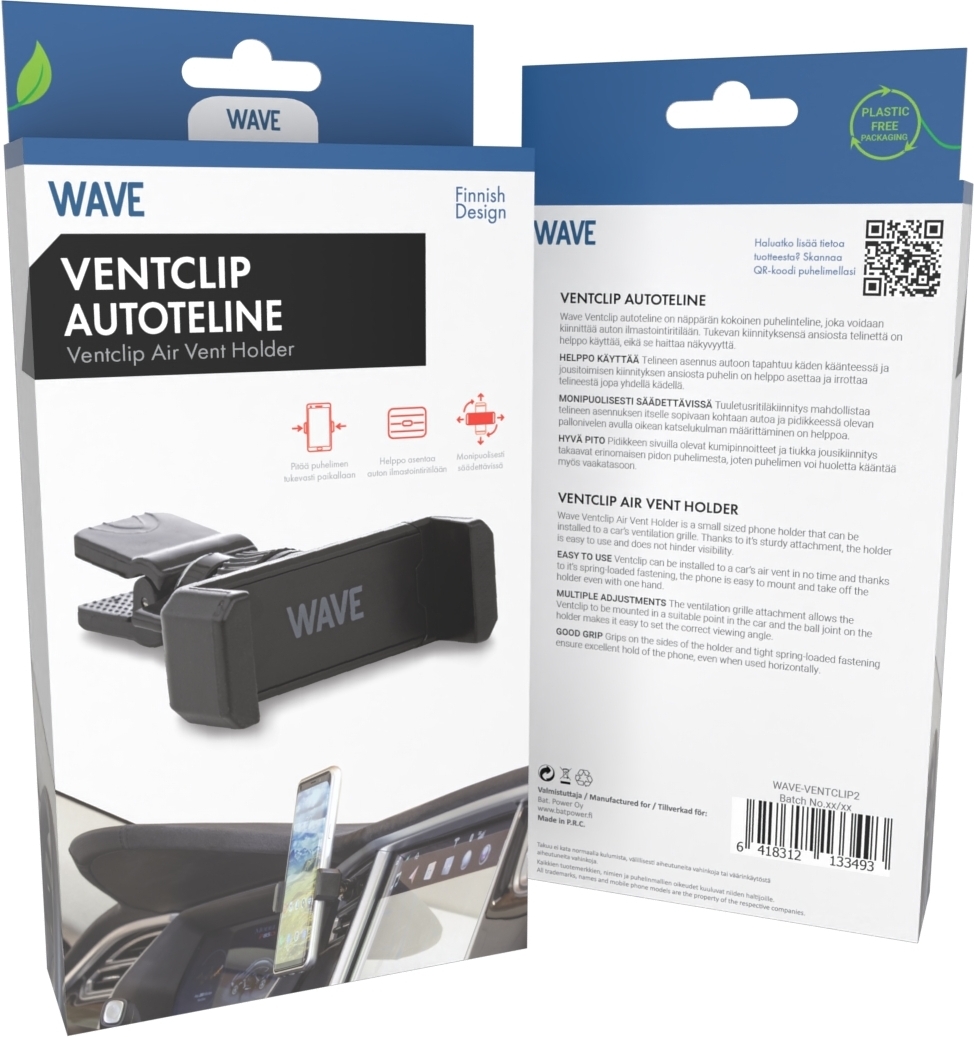 Wave Ventclip -autoteline, musta
