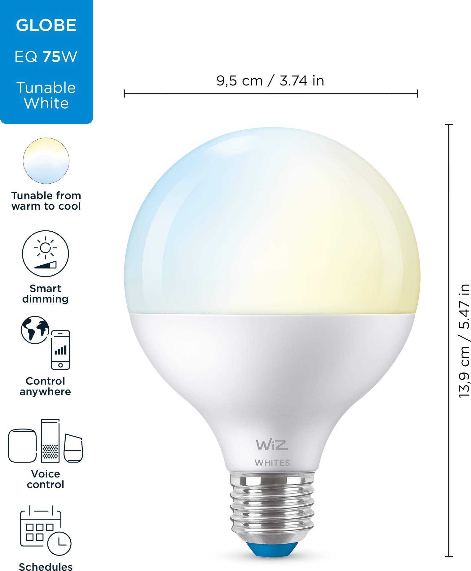 WiZ älylamppu globe, E27, pallolamppu - valkoisen valon sävyt, Wi-Fi, 2700-6500 K, 1055 lm