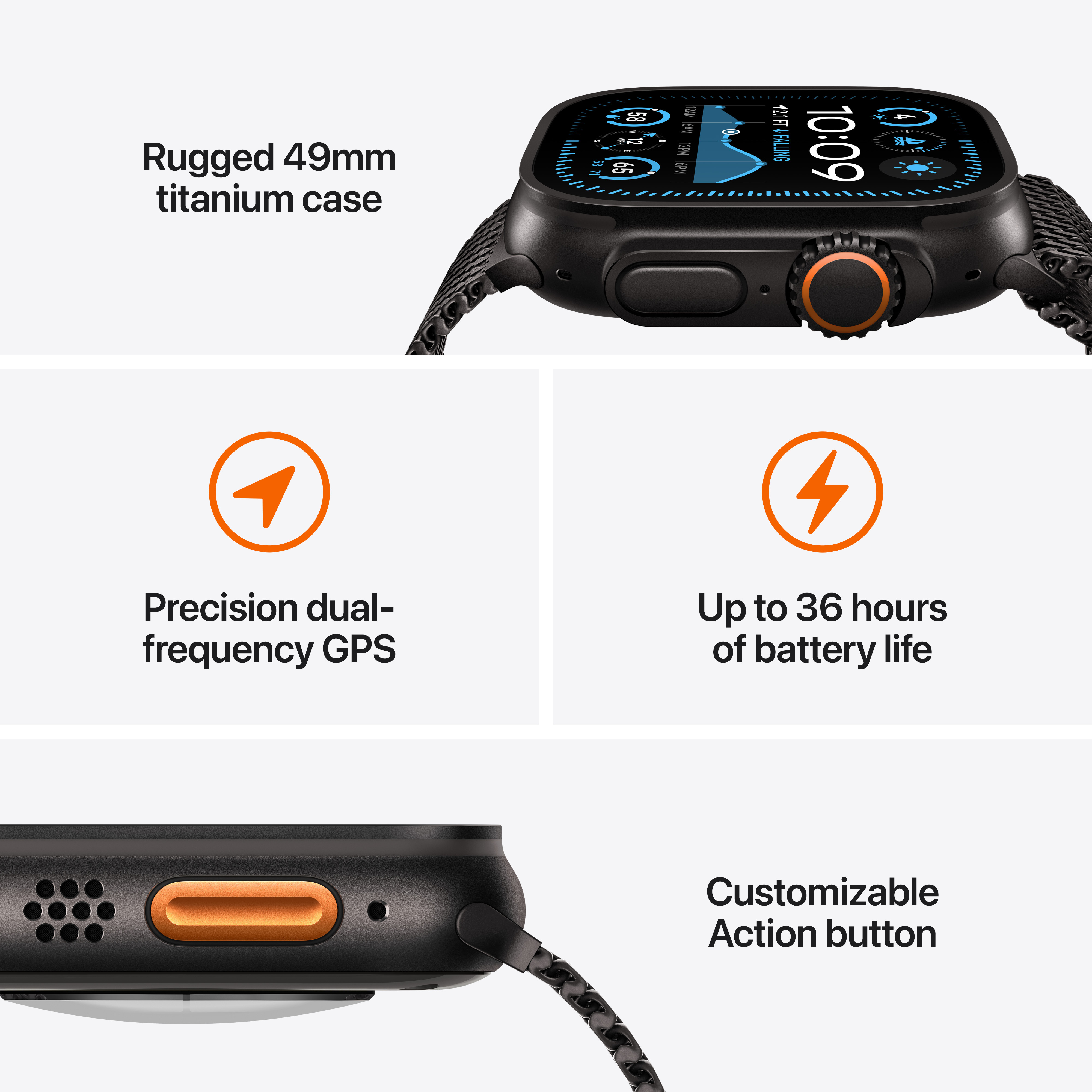 Apple Watch Ultra 2 (GPS + Cellular) 49 mm musta titaanikuori ja musta milanolaisranneke, suuri (MX5V3)