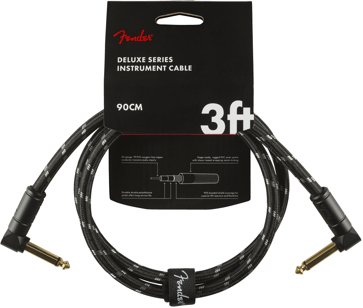 Fender Deluxe -instrumenttikaapeli kulmaliittimillä, 90 cm, Black Tweed