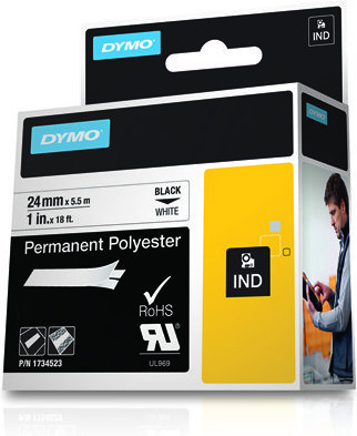 Dymo Rhino Industrial -pysyvä polyesteriteippi 24 mm x 5,5 m, musta valkoisella pohjalla