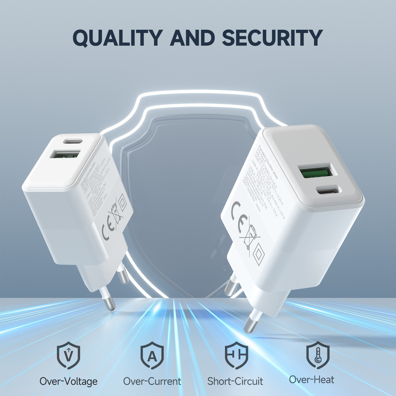 FoneKit Double 20W -laturi, USB-C + USB-A, valkoinen