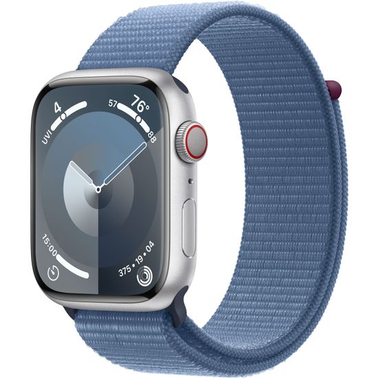 Apple Watch Series 9 (GPS + Cellular) 45 mm hopeanvärinen alumiinikuori ja talvensininen Sport Loop -ranneke (MRMJ3)