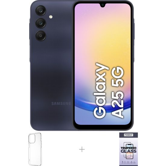 Samsung Galaxy A25 5G -puhelin, 256/8 Gt, musta + silikonisuoja ja panssarilasi