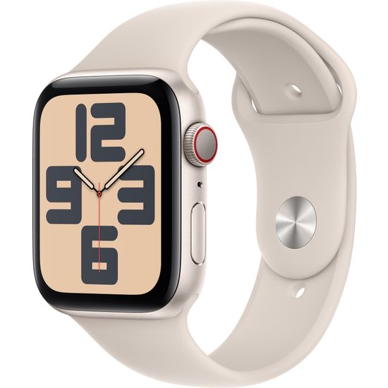 Apple Watch SE (GPS + Cellular) 44 mm tähtivalkea alumiinikuori ja tähtivalkea urheiluranneke, S/M (MRGU3)