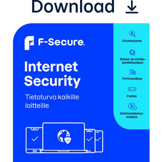 F-Secure Internet Security for all devices - 5 laitetta / 12 kk -tietoturvaohjelmisto, ESD - sähköinen lisenssi