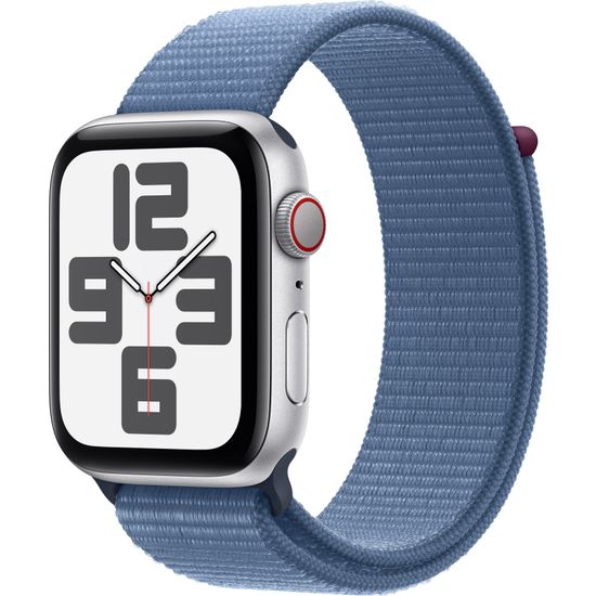 Apple Watch SE (GPS + Cellular) 44 mm hopeinen alumiinikuori ja talvensininen Sport Loop-ranneke (MRHM3)