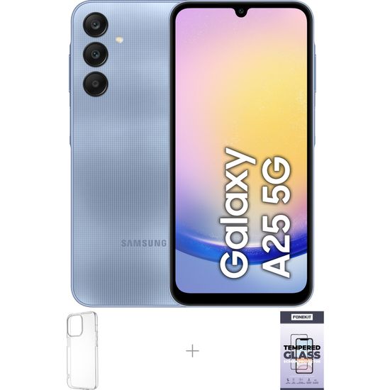 Samsung Galaxy A25 5G -puhelin, 128/6 Gt, sininen + silikonisuoja ja panssarilasi