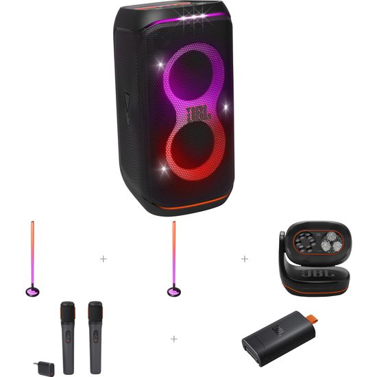 JBL PartyBox Club 120 + Wireless Mic + 2 kpl PartyLight Stick + PartyLight Beam + vaihtoakku -bilekaiutinpaketti