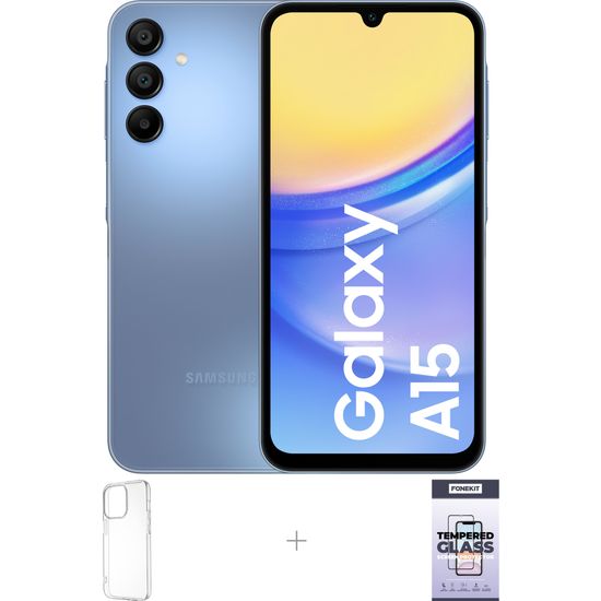 Samsung Galaxy A15 -puhelin, 128/4 Gt, sininen + silikonisuoja ja panssarilasi