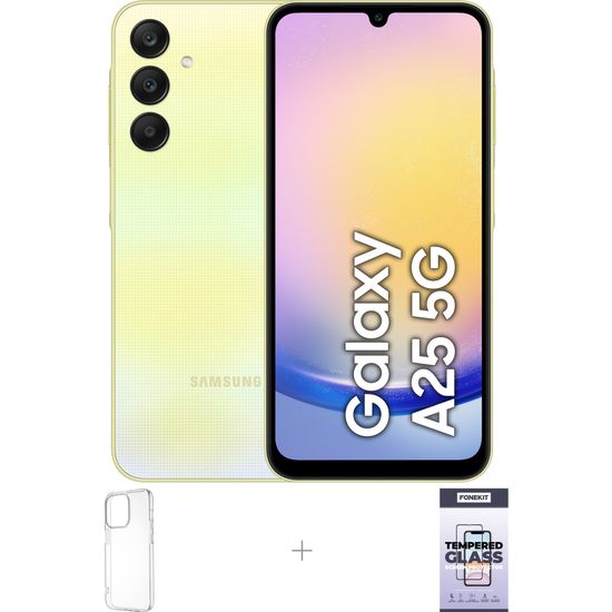 Samsung Galaxy A25 5G -puhelin, 128/6 Gt, keltainen + silikonisuoja ja panssarilasi