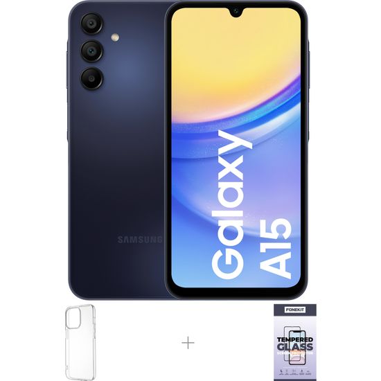 Samsung Galaxy A15 -puhelin, 128/4 Gt, musta + silikonisuoja ja panssarilasi