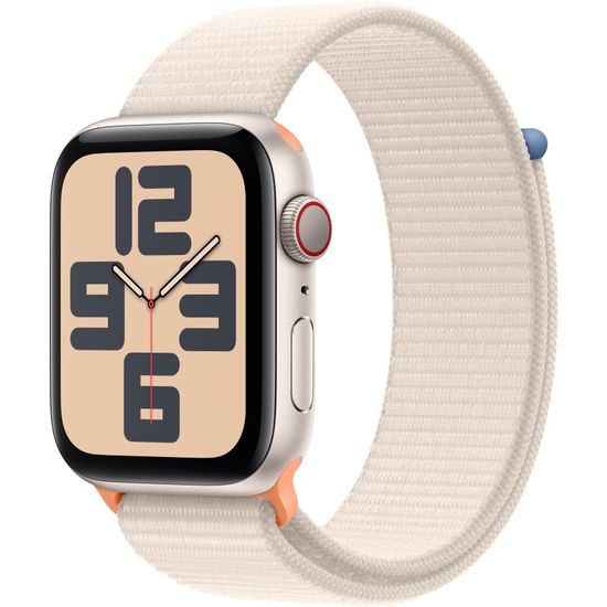Apple Watch SE (GPS + Cellular) 44 mm tähtivalkea alumiinikuori ja tähtivalkea Sport Loop-ranneke (MRH23)