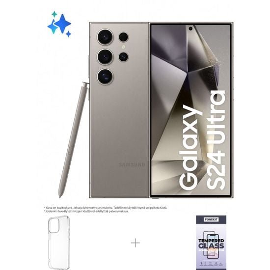 Samsung Galaxy S24 Ultra 5G -puhelin, 512/12 Gt, Titanium Gray + silikonisuoja ja panssarilasi