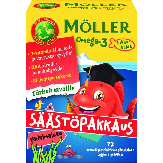 Möller Omega-3 Pikkukalat Vadelmainen -pureskeltava kalaöljyvalmiste, 72 kaps