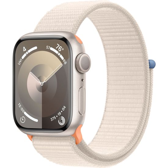 Apple Watch Series 9 (GPS) 41 mm tähtivalkea alumiinikuori ja tähtivalkea Sport Loop -ranneke (MR8V3)