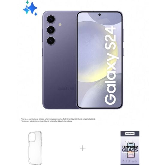 Samsung Galaxy S24 5G -puhelin, 256/8 Gt, Cobalt Violet + silikonisuoja ja panssarilasi