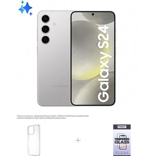 Samsung Galaxy S24 5G -puhelin, 256/8 Gt, Marble Gray + silikonisuoja ja panssarilasi
