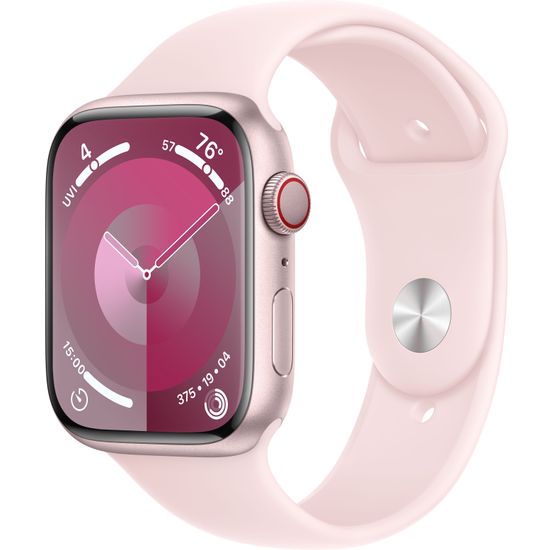 Apple Watch Series 9 (GPS + Cellular) 45 mm pinkki alumiinikuori ja vaaleanpunainen urheiluranneke, S/M (MRMK3)