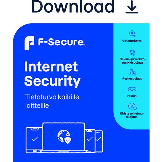 F-Secure Internet Security for all devices - 1 laite / 24 kk -tietoturvaohjelmisto, ESD - sähköinen lisenssi