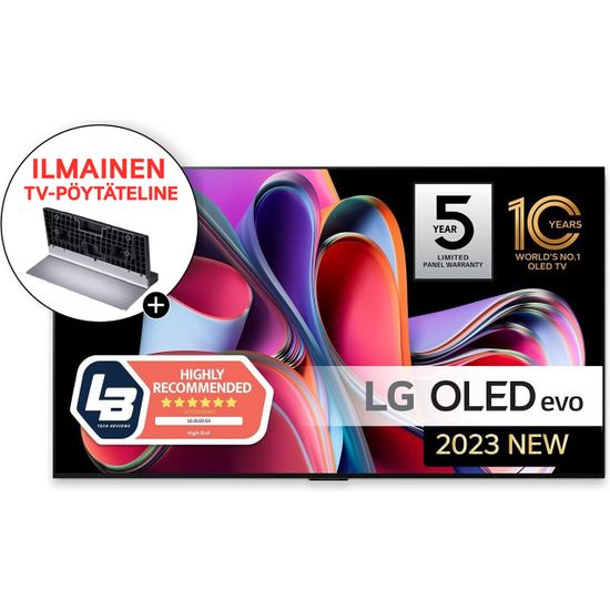LG OLED G3 65" 4K OLED evo TV + LG SR-G3WU65 keskijalusta -tuotepaketti