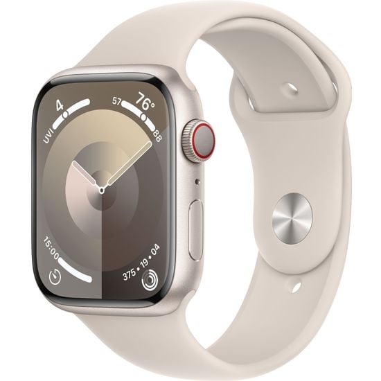 Apple Watch Series 9 (GPS + Cellular) 45 mm tähtivalkea alumiinikuori ja tähtivalkea urheiluranneke, M/L (MRM93)