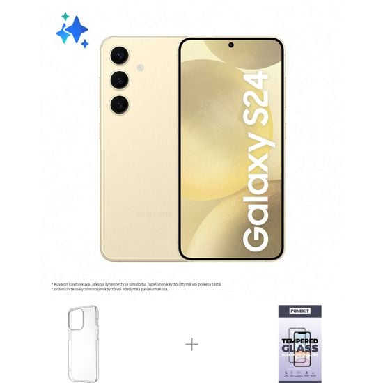Samsung Galaxy S24 5G -puhelin, 128/8 Gt, Amber Yellow + silikonisuoja ja panssarilasi