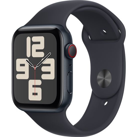 Apple Watch SE (GPS + Cellular) 44 mm keskiyönsininen alumiinikuori ja keskiyönsininen urheiluranneke, M/L (MRH83)