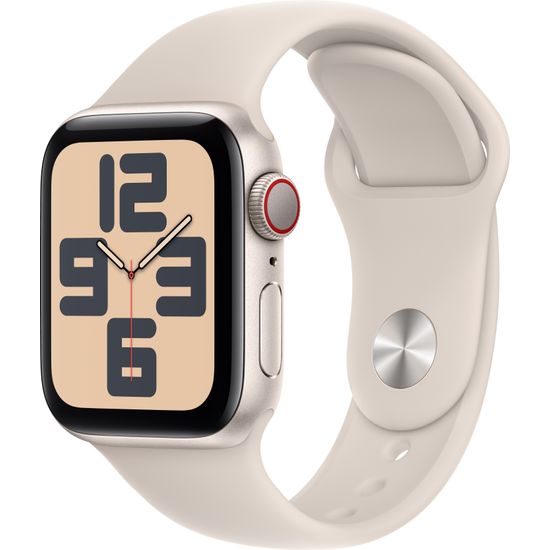 Apple Watch SE (GPS + Cellular) 40 mm tähtivalkea alumiinikuori ja tähtivalkea urheiluranneke, M/L (MRG13)
