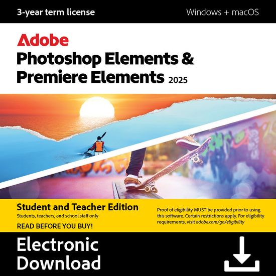 Adobe Photoshop & Premiere Elements 2025 - Opettajille ja opiskelijoille - Windows / Mac -kuvankäsittelyohjelma, ESD - sähköinen lisenssi