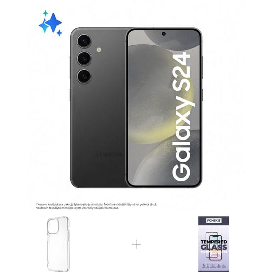 Samsung Galaxy S24 5G -puhelin, 256/8 Gt, Onyx Black + silikonisuoja ja panssarilasi