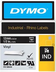 Dymo Rhino Industrial -vinyylitarra, 12 mm x 5,5 m, valkoinen mustalla pohjalla