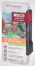 Tombow ABT Dual Brush 12P-2, pastellisävyt -pensselikynä, Promo Pack 12 + 3