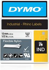 Dymo Rhino Industrial -joustava nailonteippi 12 mm x 3,5 m, musta valkoisella pohjalla