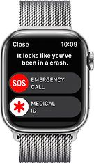 Apple Watch Series 8 (GPS + Cellular) 41 mm hopeanvärinen ruostumaton teräskuori ja hopeanvärinen milanolaisranneke (MNJ83), kuva 6