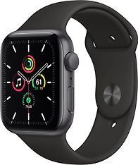 Apple Watch SE (GPS) 44 mm tähtiharmaa alumiinikuori, musta urheiluranneke, MYDT2