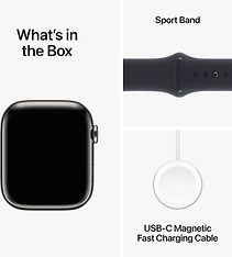 Apple Watch Series 9 (GPS + Cellular) 45 mm grafiitinvärinen ruostumaton teräskuori ja keskiyönsininen urheiluranneke, S/M (MRMV3), kuva 6