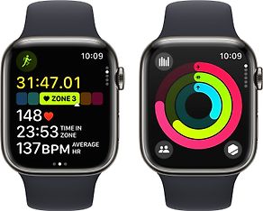 Apple Watch Series 9 (GPS + Cellular) 45 mm grafiitinvärinen ruostumaton teräskuori ja keskiyönsininen urheiluranneke, S/M (MRMV3), kuva 4