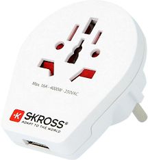 SKROSS -matka-adapteri maailma->EUR USB-pistokkeella, maadoitettu