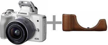 Canon EOS M50 -mikrojärjestelmäkamera, valkoinen + 15-45 mm -objektiivi + nahkakotelo