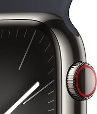 Apple Watch Series 9 (GPS + Cellular) 45 mm grafiitinvärinen ruostumaton teräskuori ja keskiyönsininen urheiluranneke, S/M (MRMV3), kuva 3