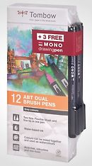 Tombow ABT Dual Brush 12P-3, harmaasävyt -pensselikynä, Promo Pack 12 + 3