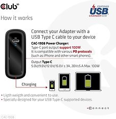 Club 3D CAC-1908EU Travel Charger 100 W GaN USB-C -virtalähde, kuva 3