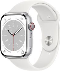 Apple Watch Series 8 (GPS + Cellular) 45 mm hopeanvärinen alumiinikuori ja valkoinen urheiluranneke (MP4J3)