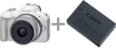 Canon EOS R50 -järjestelmäkamera, valkoinen + 18-45 mm objektiivi + lisäakku